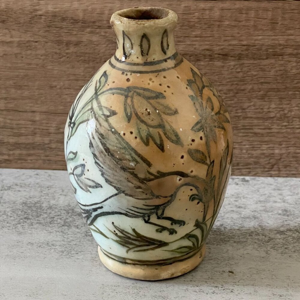 Antique 19th C. Persian Qajar Polychrome Glazed Ceramic Pottery Vase Birds 6"